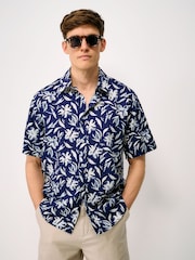 Crew Clothing Blue Short-Sleeve Linen-Blend Shirt - Image 1 of 5