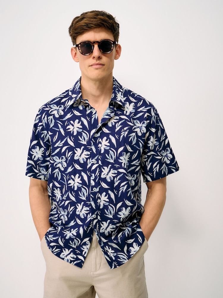 Crew Clothing Blue Short-Sleeve Linen-Blend Shirt - Image 1 of 5