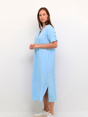 Cream Blue 100% Linen Bellis Maxi Dress - Image 1 of 5