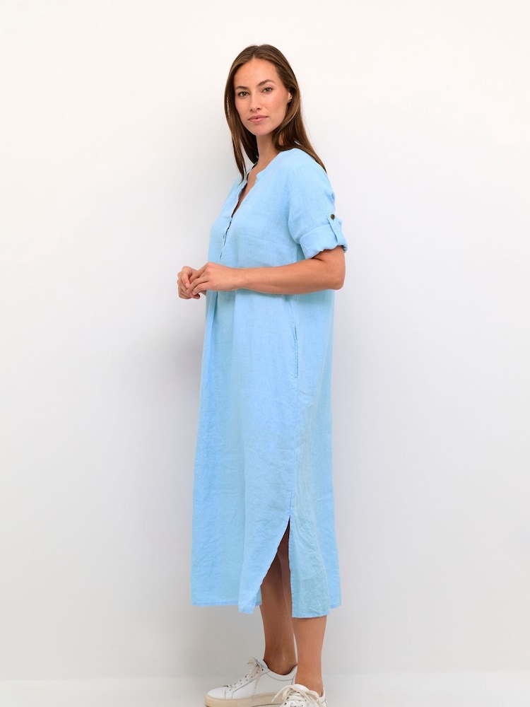 Cream Blue 100% Linen Bellis Maxi Dress - Image 1 of 5