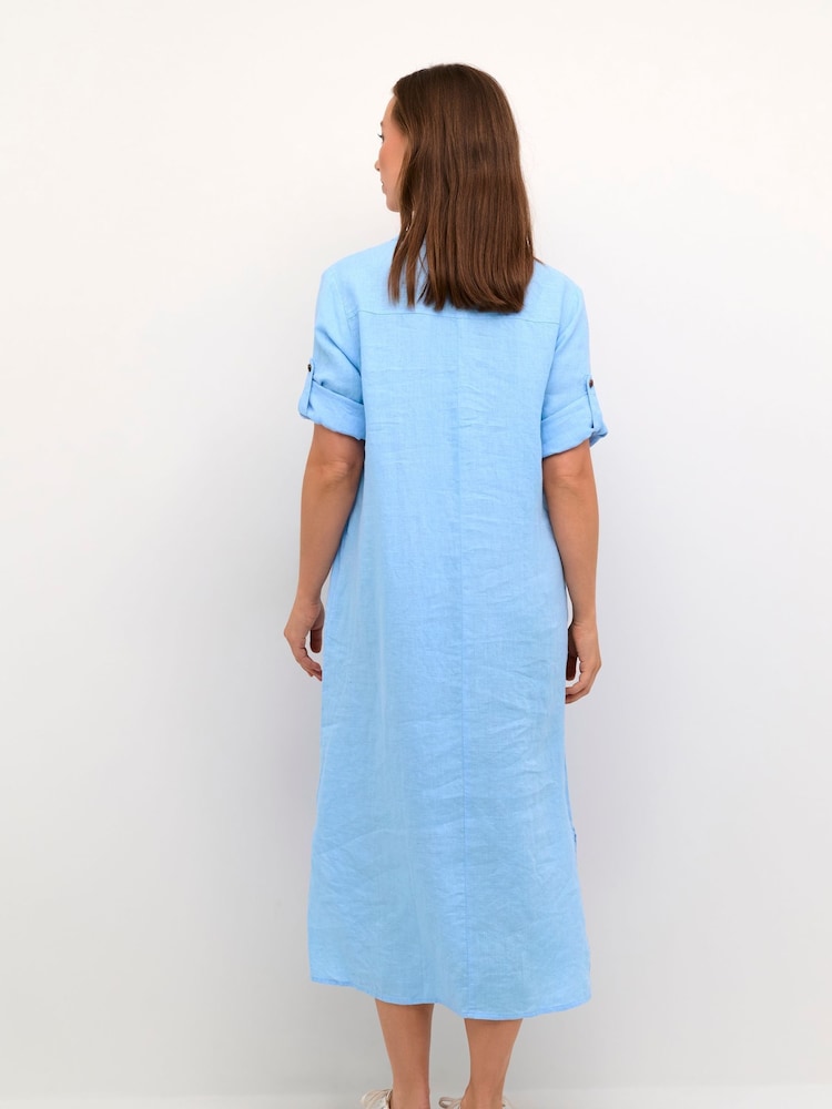Cream Blue 100% Linen Bellis Maxi Dress - Image 2 of 5