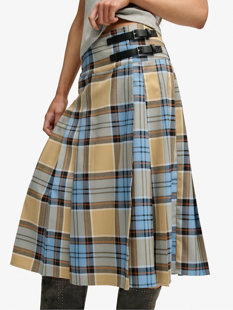SUPERDRY Blue Check Pleated Midi Skirt - Image 1 of 8 SUPERDRY Blue Check Pleated Midi Skirt - Image 1 of 8