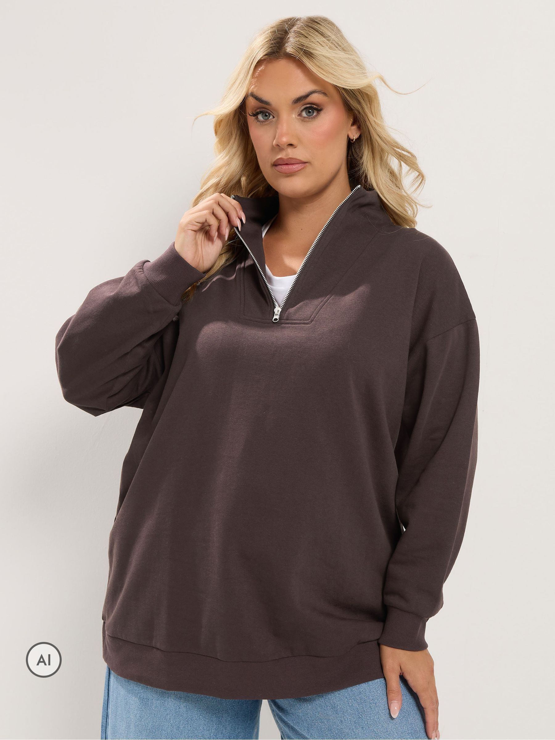 Yours Women's Chocolate Funnel Neck Quarter Zip Sweatshirt In Size 30-32 - Image 2