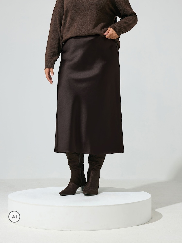 Yours Curve Brown Bias Cut Satin Skirt - Image 1 of 7 Yours Curve Brown Bias Cut Satin Skirt - Image 1 of 7