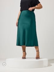 Yours Curve Green Bias Cut Satin Skirt - Image 1 of 7