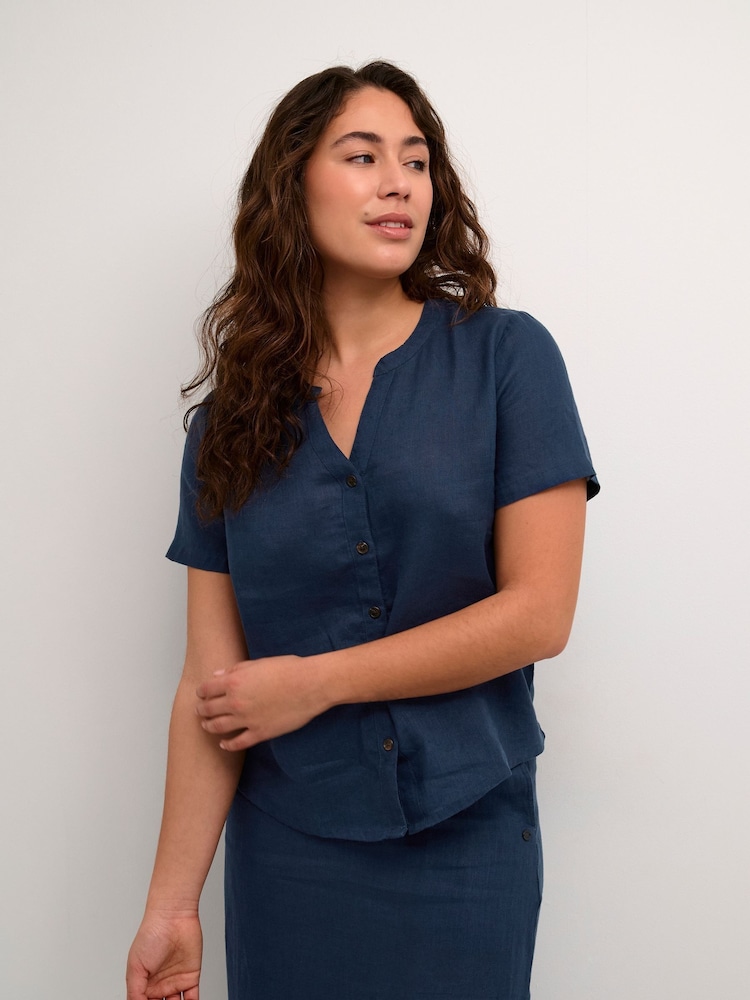 Cream Blue Bellis 100% Linen Short Sleeve Shirt - Image 2 of 6