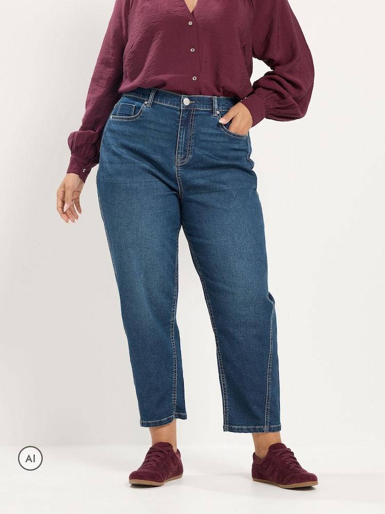 Yours Curve Dark Blue Cotton Blend Barrel Leg Jeans - Image 1 of 6 Yours Curve Dark Blue Cotton Blend Barrel Leg Jeans - Image 1 of 6