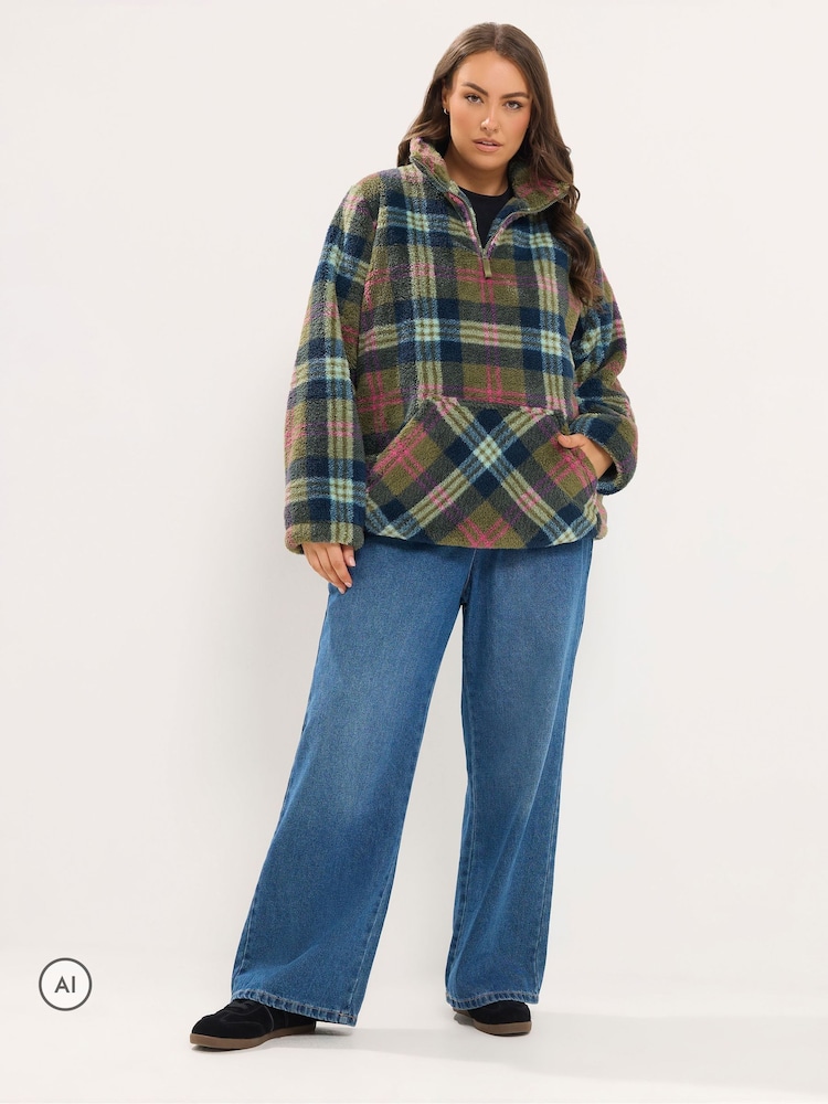 Yours Curve Green Checked Half Zip Feather Fleece - Image 2 of 6