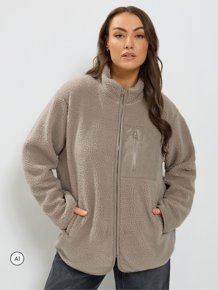 Yours Curve Brown Borg Cord Pocket Fleece - Image 1 of 7 Yours Curve Brown Borg Cord Pocket Fleece - Image 1 of 7