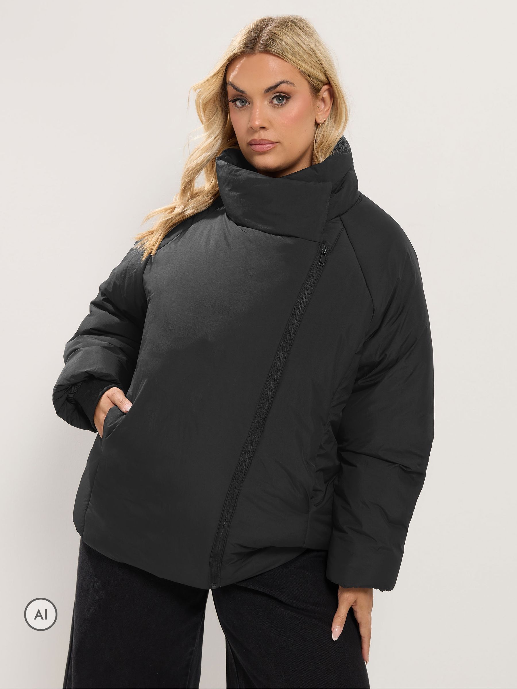 Yours Curve Women's Black Asymmetric Zip Short Padded Jacket