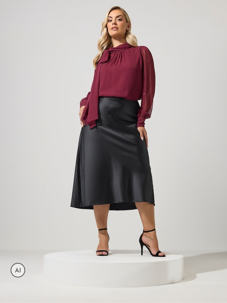 Yours Curve Black Bias Cut Satin Skirt - Image 1 of 6 Yours Curve Black Bias Cut Satin Skirt - Image 1 of 6