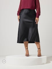 Yours Curve Black Bias Cut Satin Skirt - Image 2 of 6