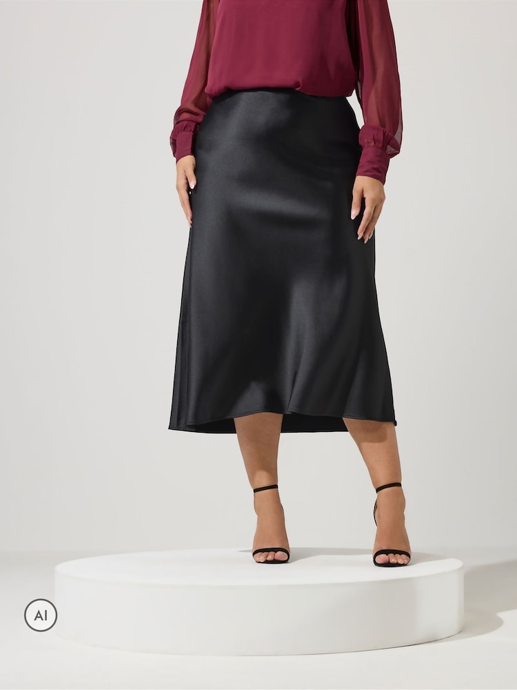 Yours Curve Black Bias Cut Satin Skirt - Image 2 of 6 Yours Curve Black Bias Cut Satin Skirt - Image 2 of 6