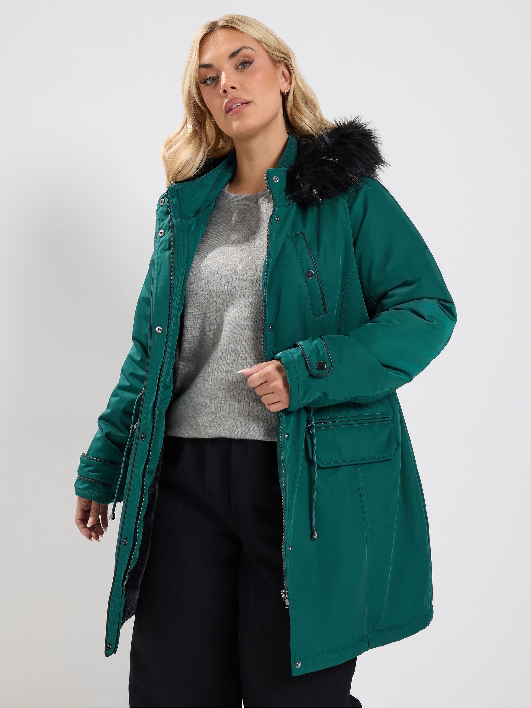 Yours Curve Women's Green Faux Fur Trim Plush Parka Jacket