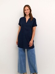 Cream Blue Bellis 100% Linen Tunic - Image 3 of 6