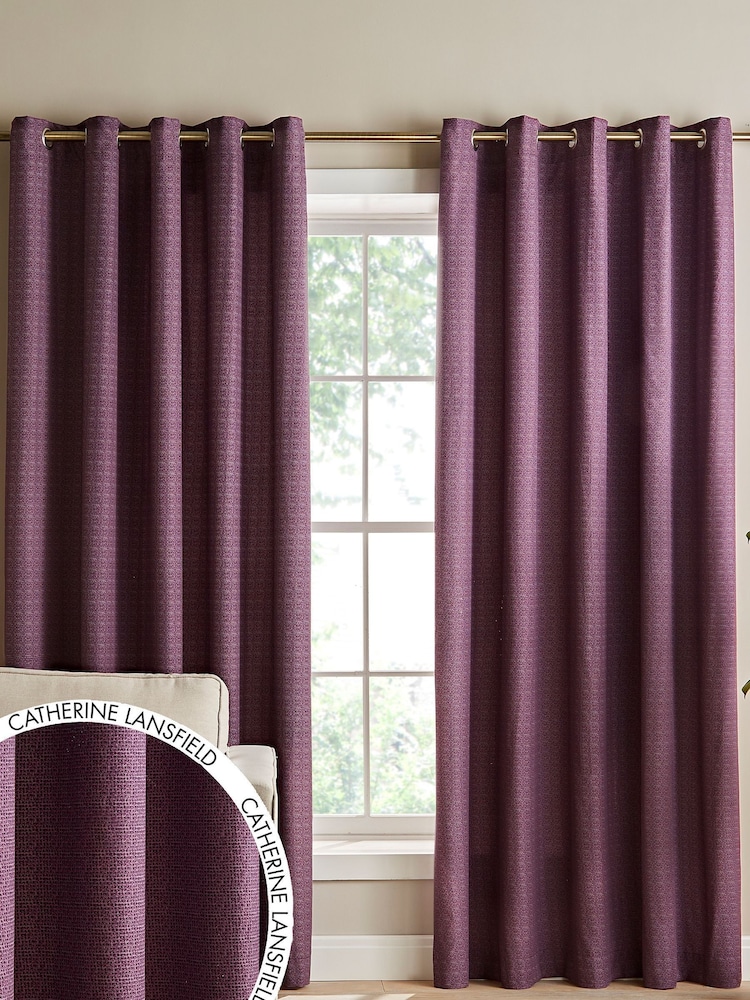 Catherine Lansfield Purple Textured Thermal Lined Eyelet Curtains - Image 1 of 3