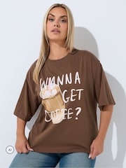 Yours Curve Brown Limited Wanna Get Coffee T-Shirt - Image 1 of 6