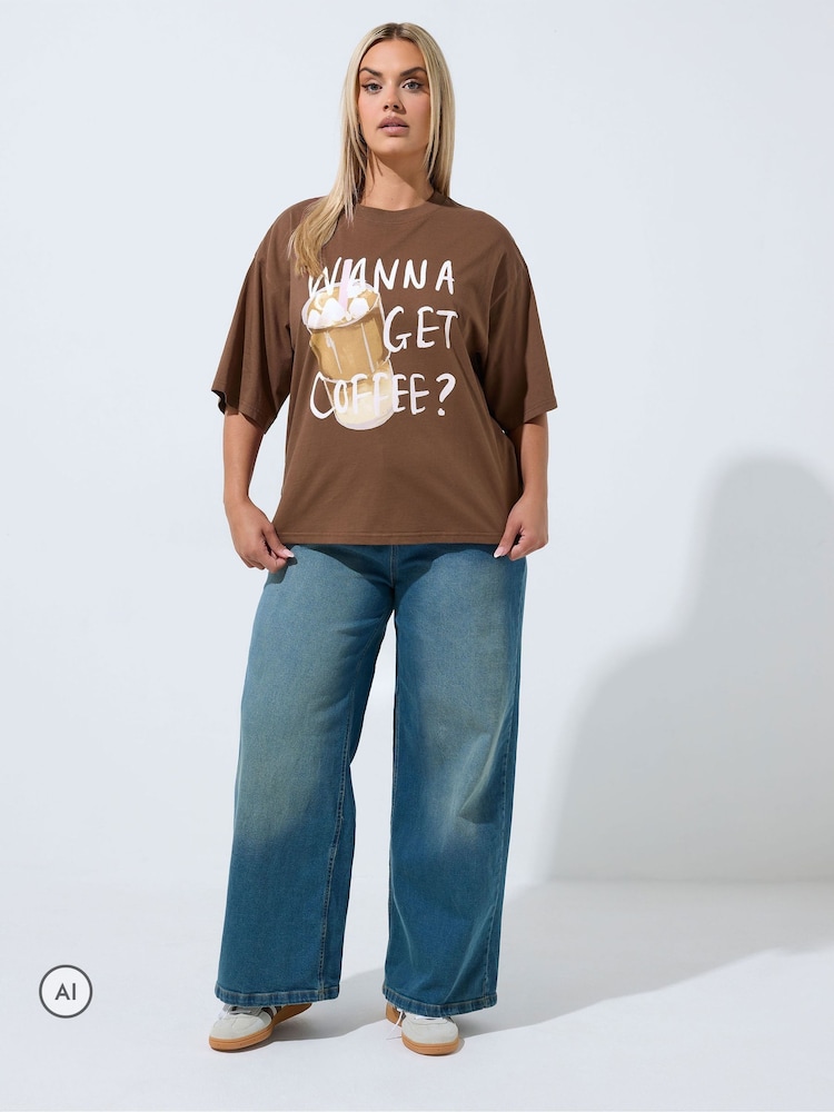 Yours Curve Brown Limited Wanna Get Coffee T-Shirt - Image 2 of 6