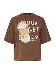 Yours Curve Brown Limited Wanna Get Coffee T-Shirt - Image 5 of 6