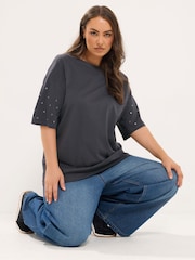 Yours Curve Grey Star Studded Sleeve Oversized T-Shirt - Image 1 of 6