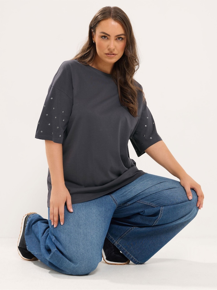 Yours Curve Grey Star Studded Sleeve Oversized T-Shirt - Image 1 of 6