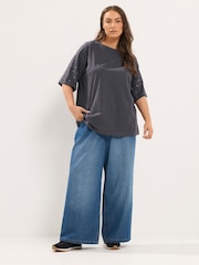 Yours Curve Grey Star Studded Sleeve Oversized T-Shirt - Image 2 of 6