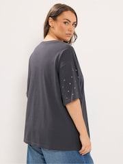 Yours Curve Grey Star Studded Sleeve Oversized T-Shirt - Image 3 of 6