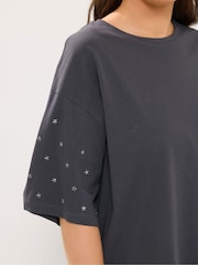 Yours Curve Grey Star Studded Sleeve Oversized T-Shirt - Image 4 of 6