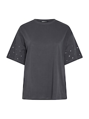 Yours Curve Grey Star Studded Sleeve Oversized T-Shirt - Image 5 of 6