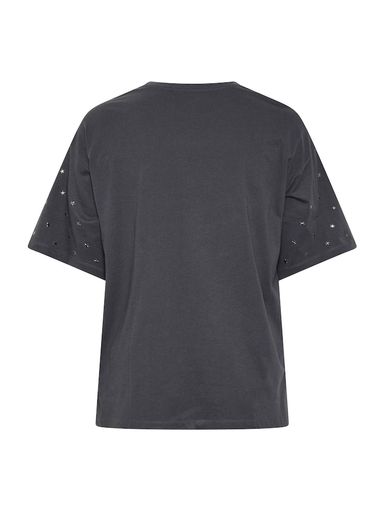 Yours Curve Grey Star Studded Sleeve Oversized T-Shirt - Image 6 of 6