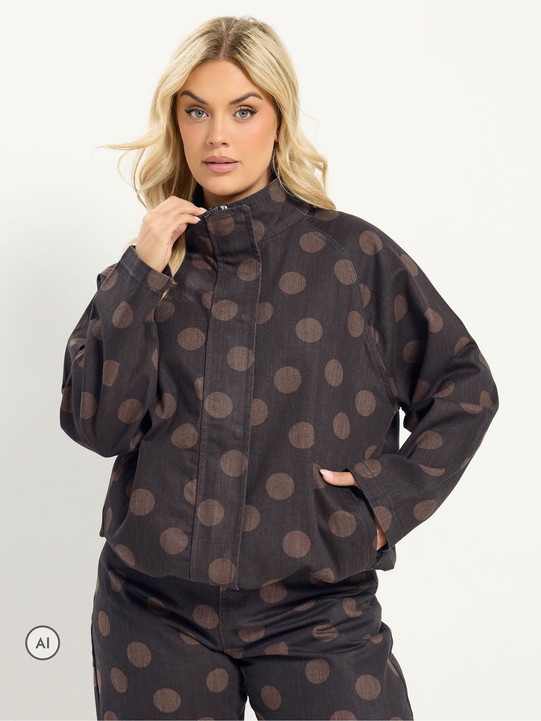 Yours Women's Brown Polka Dot Denim Bomber Jacket In | Size: 30-32 - Image 6