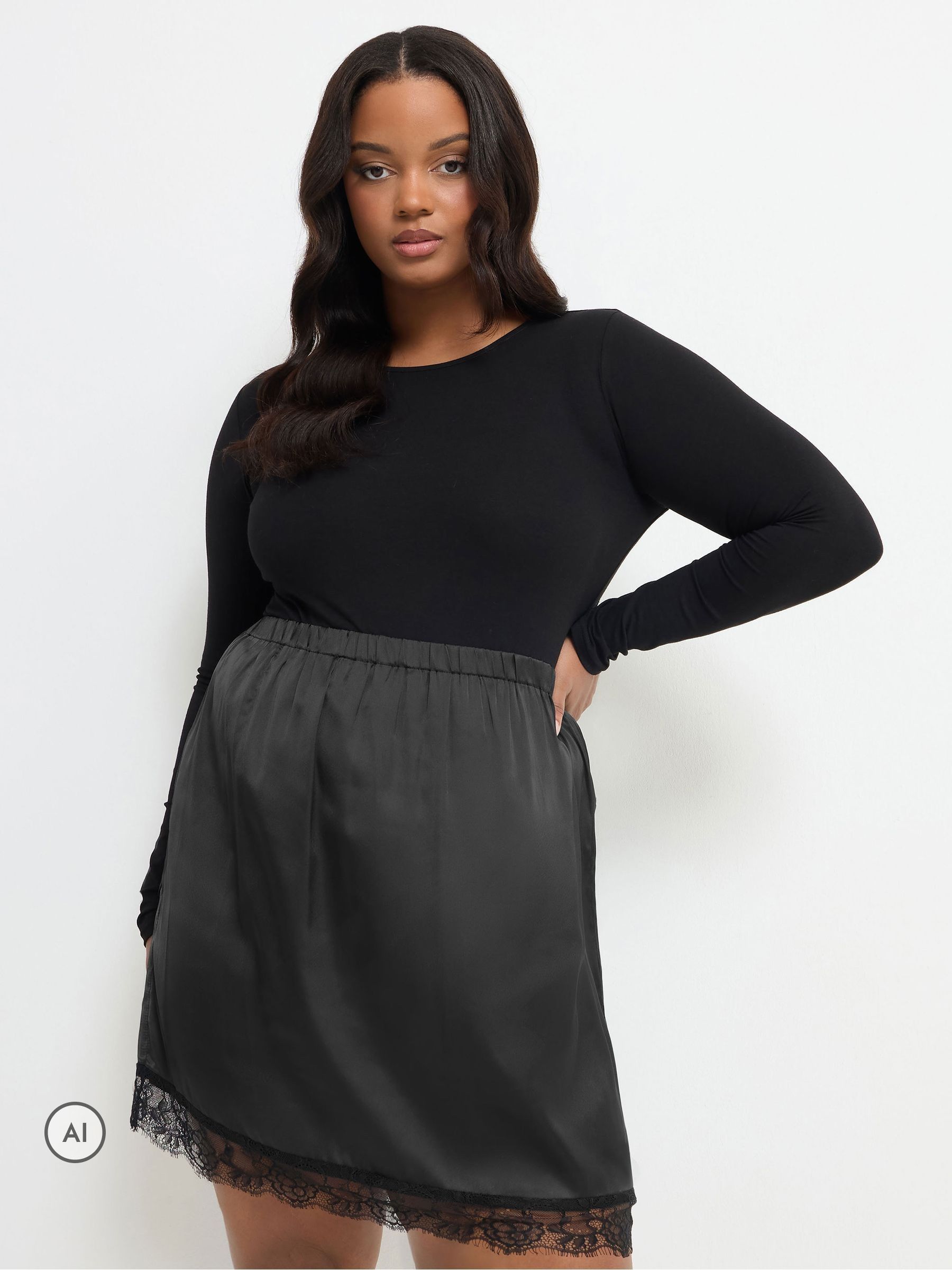 Yours Women's Lace Hem Satin Skirt in Black | Size: 26-28 - Image 6