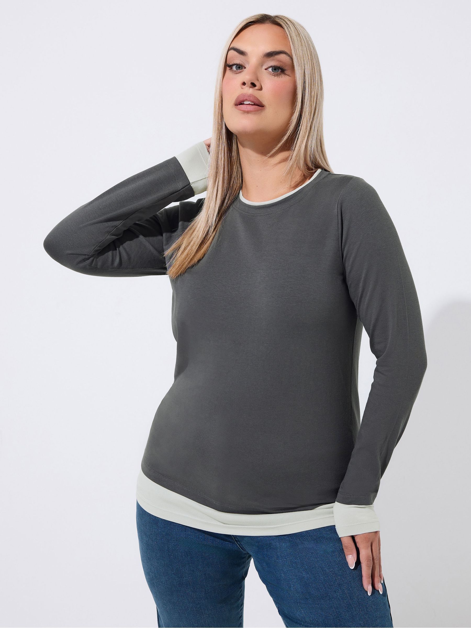 Yours Women's Grey Contrast Hem Long Sleeve T-Shirt In Size 26-28 - Image 6
