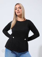 Yours Curve Black Limited Button Waist Detail Sweatshirt - Image 1 of 6