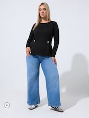 Yours Curve Black Limited Button Waist Detail Sweatshirt - Image 2 of 6