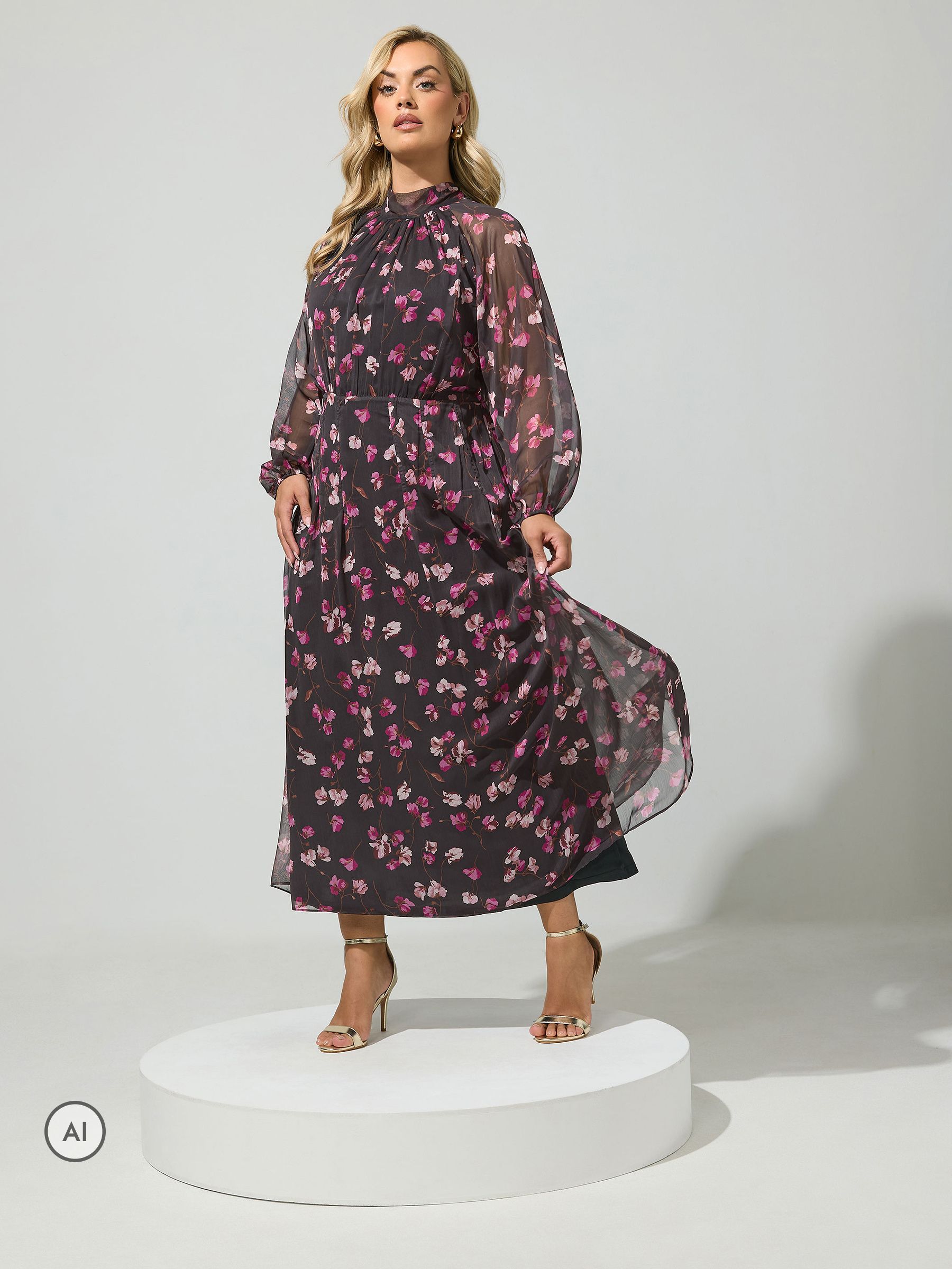 Yours Curve Women's Black Floral Bow Back Dress