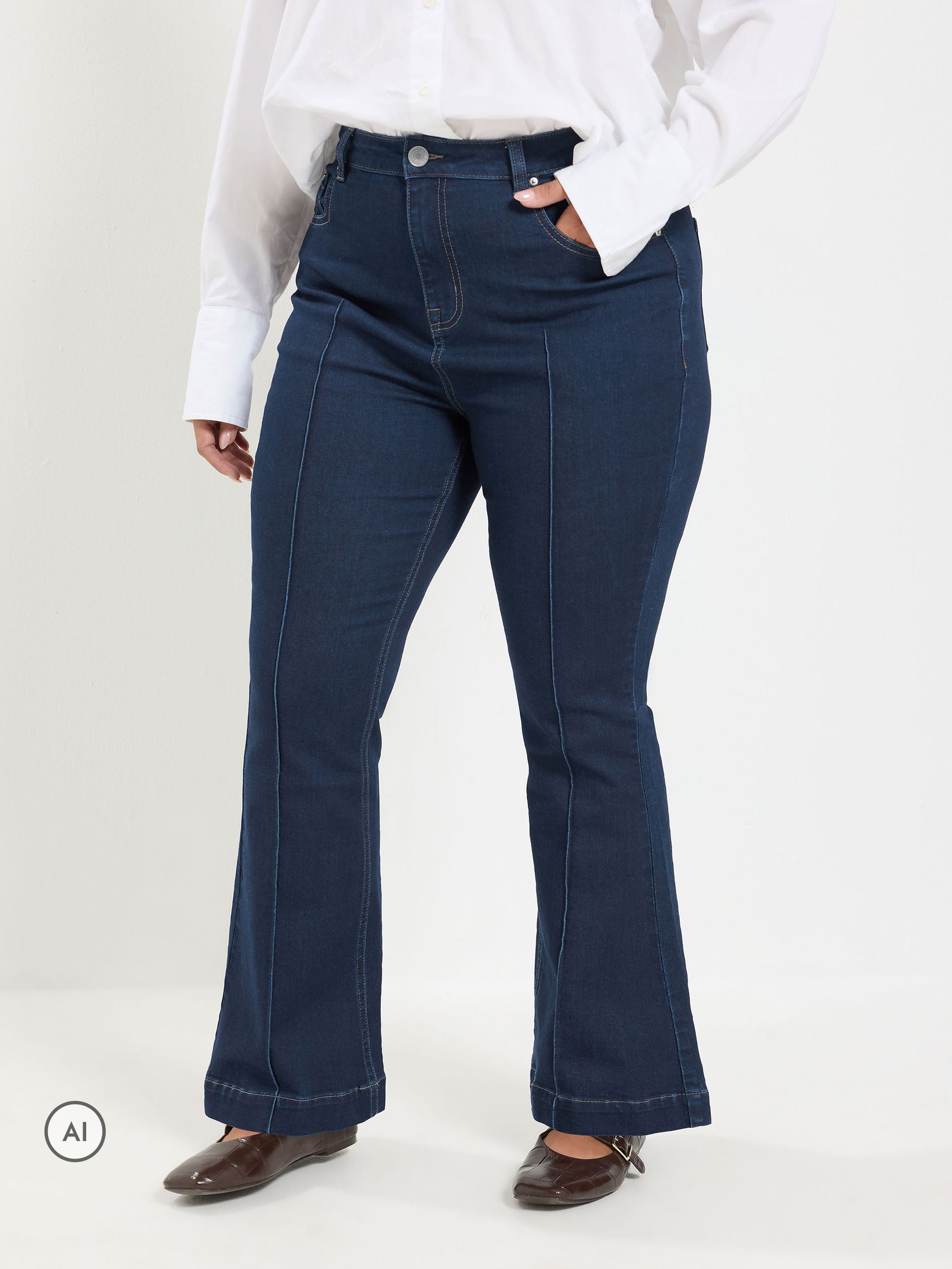 Yours Women's Blue Curve Pintuck Flared Jeans - Image 3