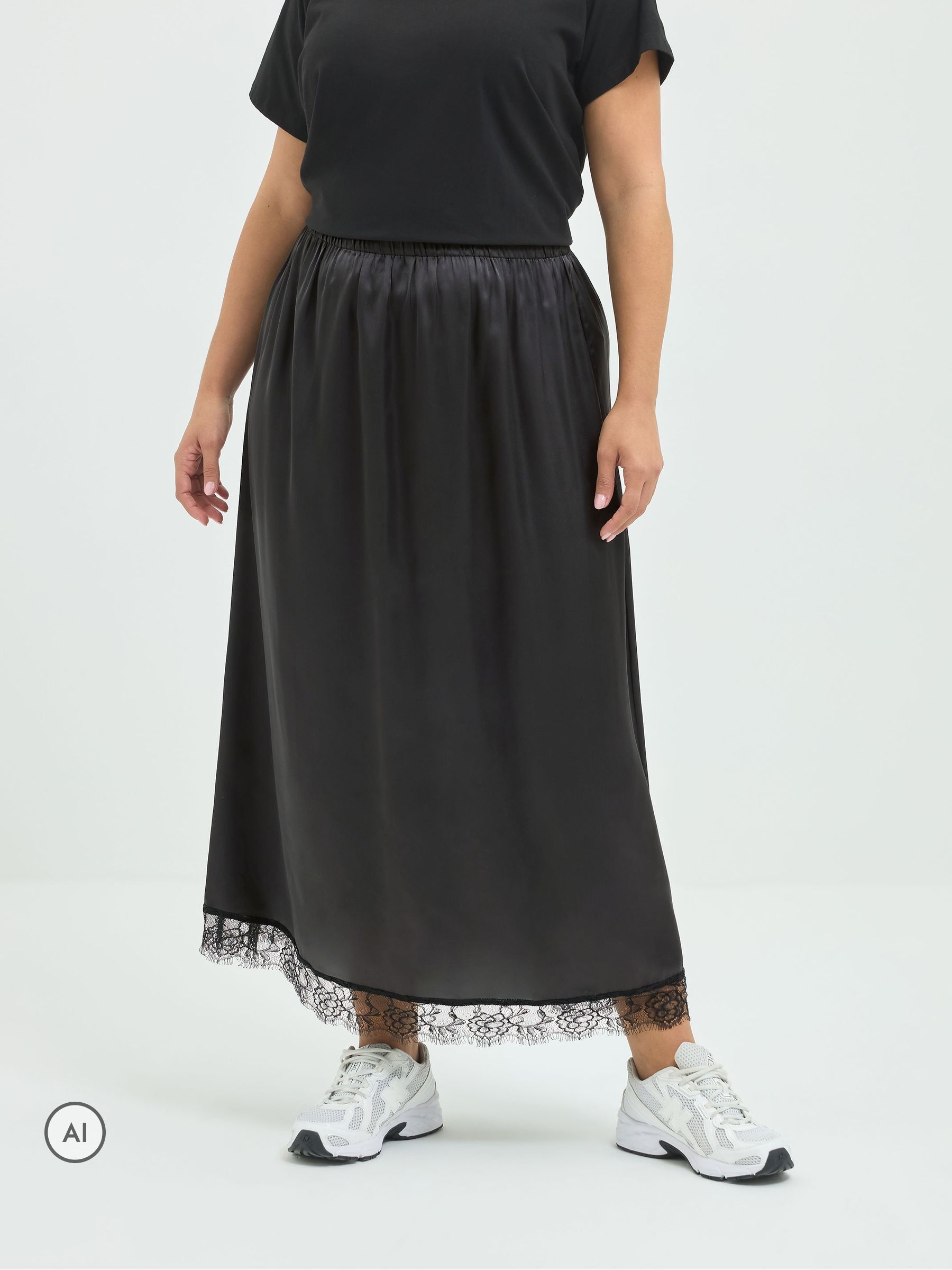 Yours Women's Black Satin Lace Midi Skirt In Size 26-28 - Image 2