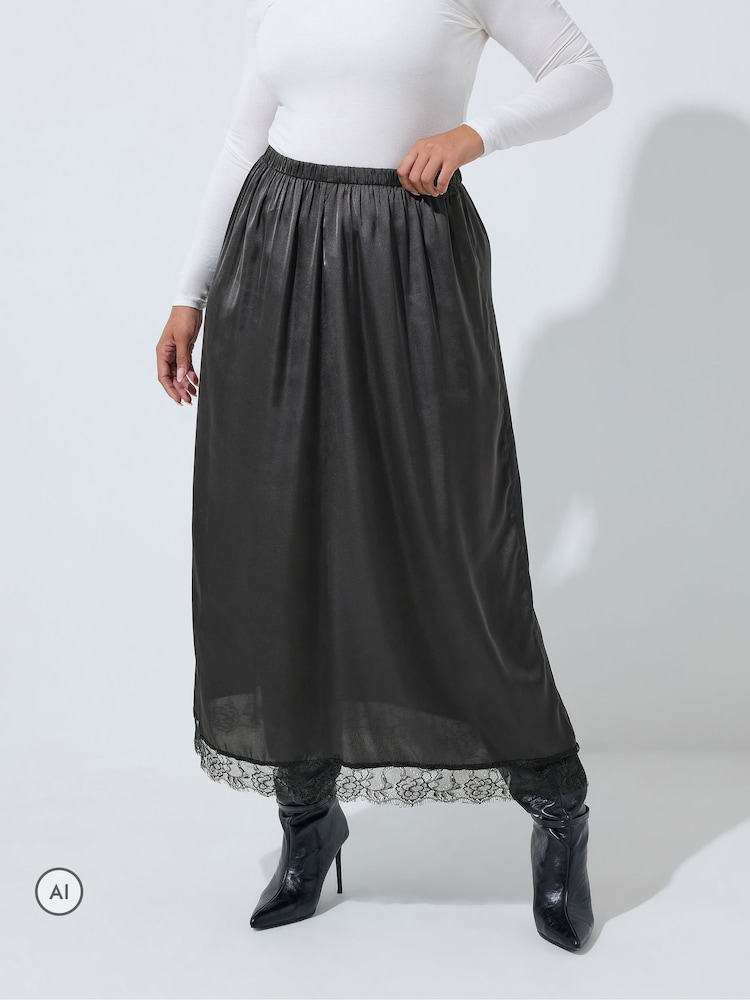 Yours Curve Black Limited Long Satin Hem Skirt - Image 1 of 7