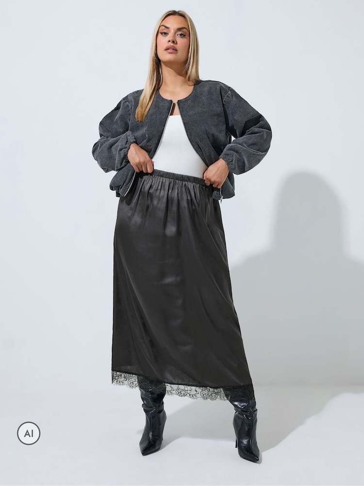 Yours Curve Black Limited Long Satin Hem Skirt - Image 2 of 7
