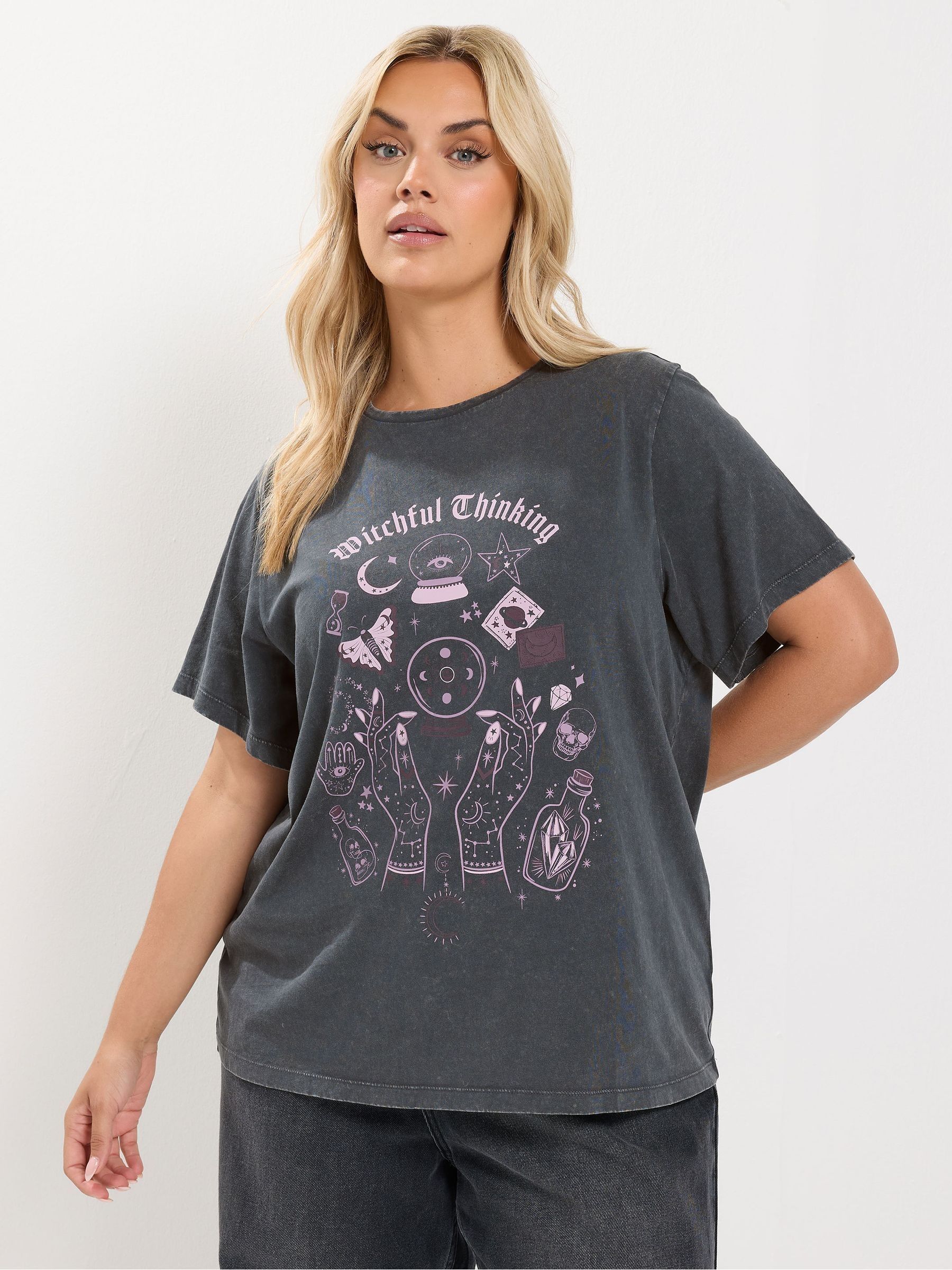 Yours Women's Dark Grey Acid Wash Graphic T-Shirt In | : 30/32 - Image 6