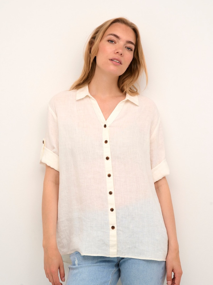 Cream Bellis 100% Linen Collared Short Sleeves White Shirt - Image 1 of 6