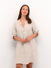 Cream 100% Linen Bellis 3/4 Sleeves Brown Dress - Image 1 of 6