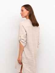 Cream 100% Linen Bellis 3/4 Sleeves Brown Dress - Image 2 of 6