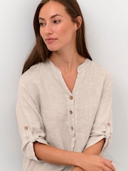 Cream 100% Linen Bellis 3/4 Sleeves Brown Dress - Image 4 of 6