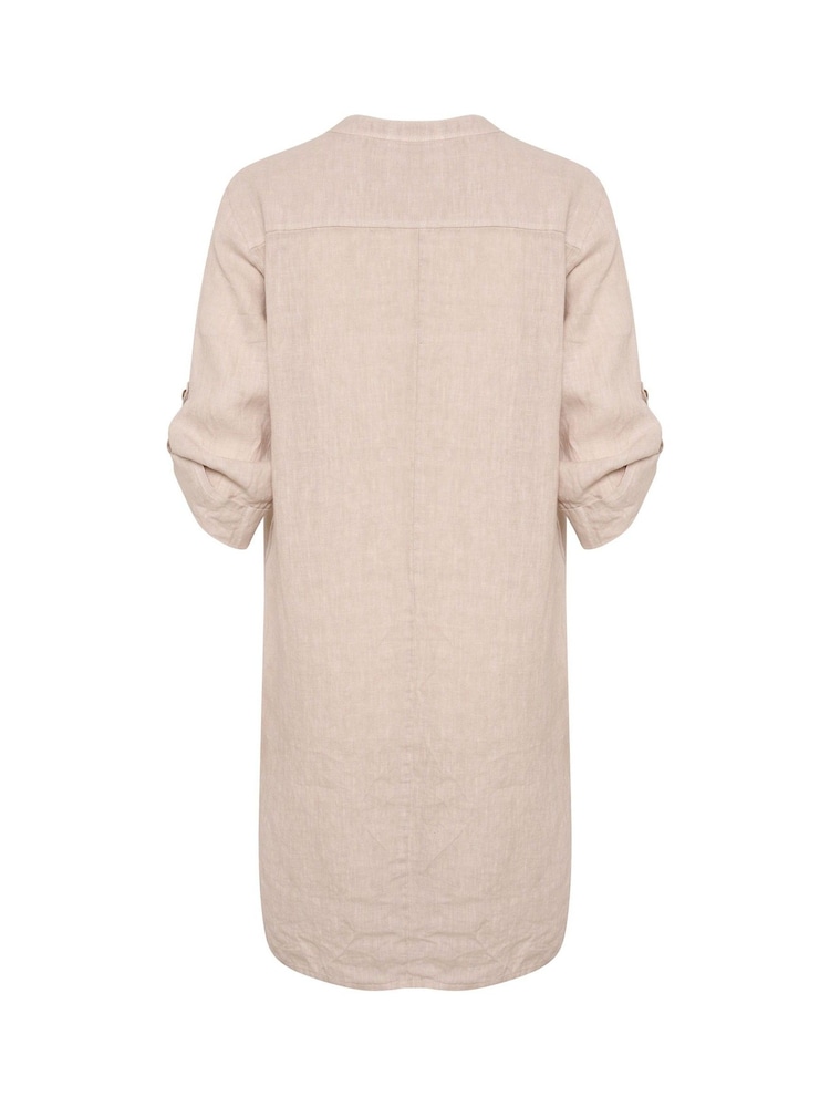 Cream 100% Linen Bellis 3/4 Sleeves Brown Dress - Image 6 of 6