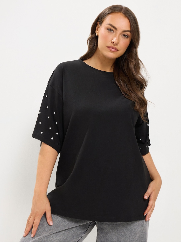 Yours Curve Black Star Studded Sleeve Oversized T-Shirt - Image 1 of 6