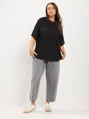 Yours Curve Black Star Studded Sleeve Oversized T-Shirt - Image 2 of 6