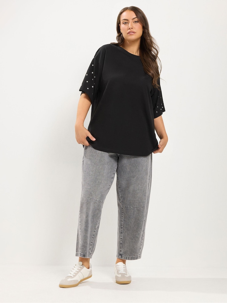 Yours Curve Black Star Studded Sleeve Oversized T-Shirt - Image 2 of 6