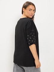 Yours Curve Black Star Studded Sleeve Oversized T-Shirt - Image 3 of 6